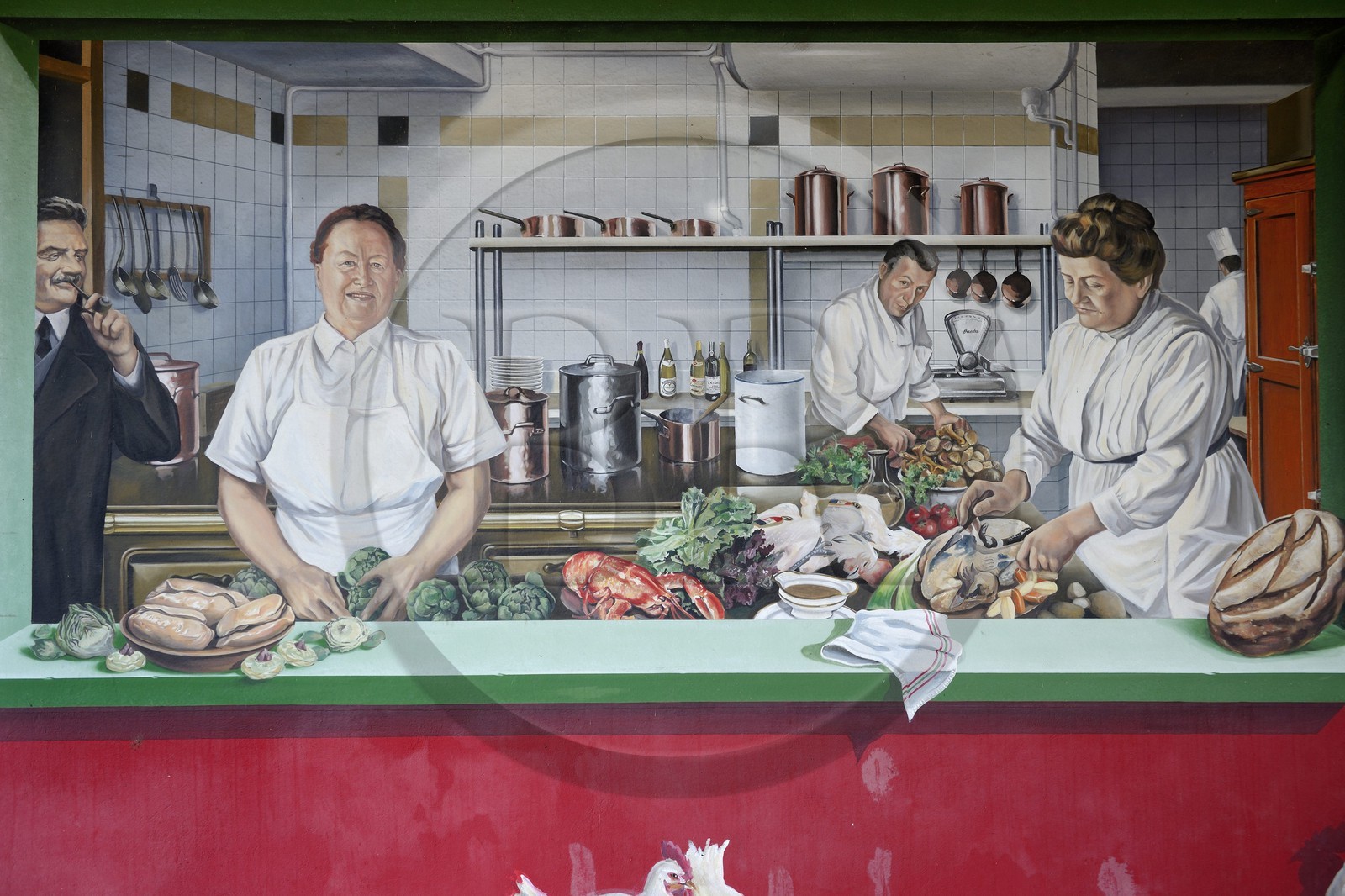 France, Rhône (69), Collonges-au-Mont-d'Or, restaurant L'Auberge du Pont de Collonges de Paul Bocuse, mur peint représentant la grande chef cuisinier Eugénie Brazier surnommée la mère Brazier