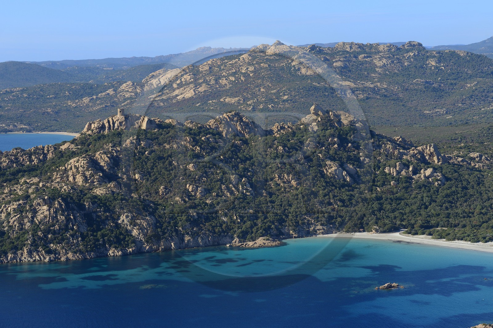 France, Corse du Sud, Cala de Roccapina natural site, Roccapina genoese tower and Lion rock (aerial view)