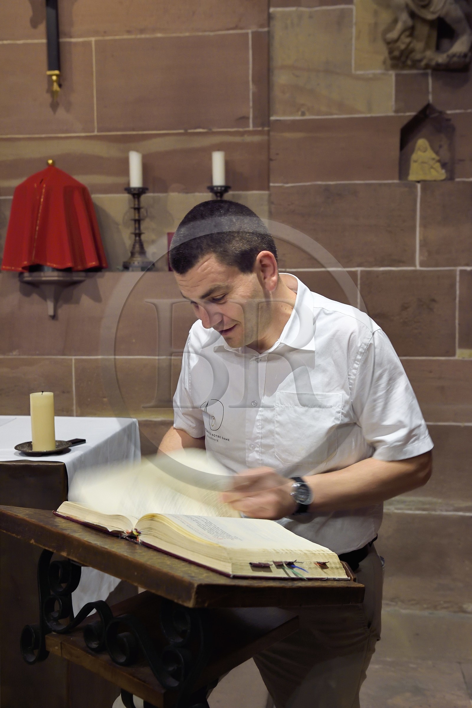 France, Bas Rhin, Strasbourg, old town listed as World Heritage by UNESCO, Notre Dame Cathedral, the sacristan Michel Bolli prepares the mass in the chapel Saint-Jean-Baptiste