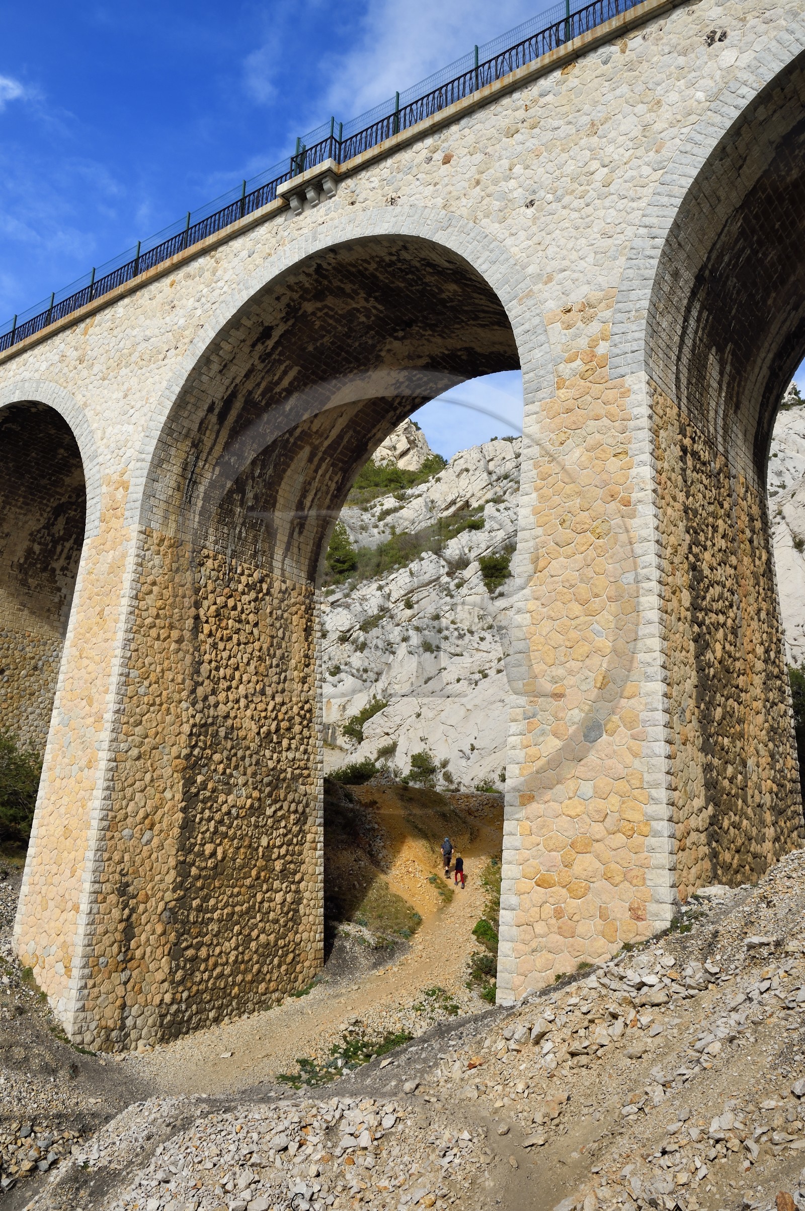 France, Bouches du Rhone, Ensues-la-Redonne towards Marseille, the Cote Bleue (Blue Coast), hike from Niolon to Cap Méjean along the Customs Trail, the railway bridge of the Erevine Calanque