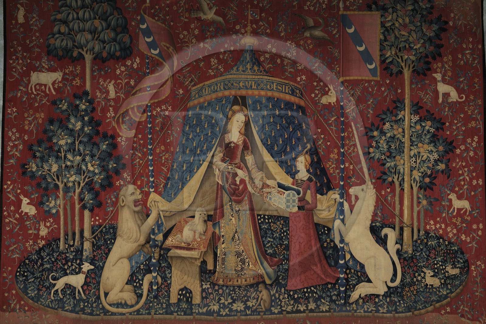 France, Paris, Musee du Moyen-Age (Middle Ages Museum), the former Hotel de Cluny, the Lady Lady and the Unicorn (French: La Dame à la licorne) is the modern title given to a series of six tapestries woven in Flanders in the end of 15th century