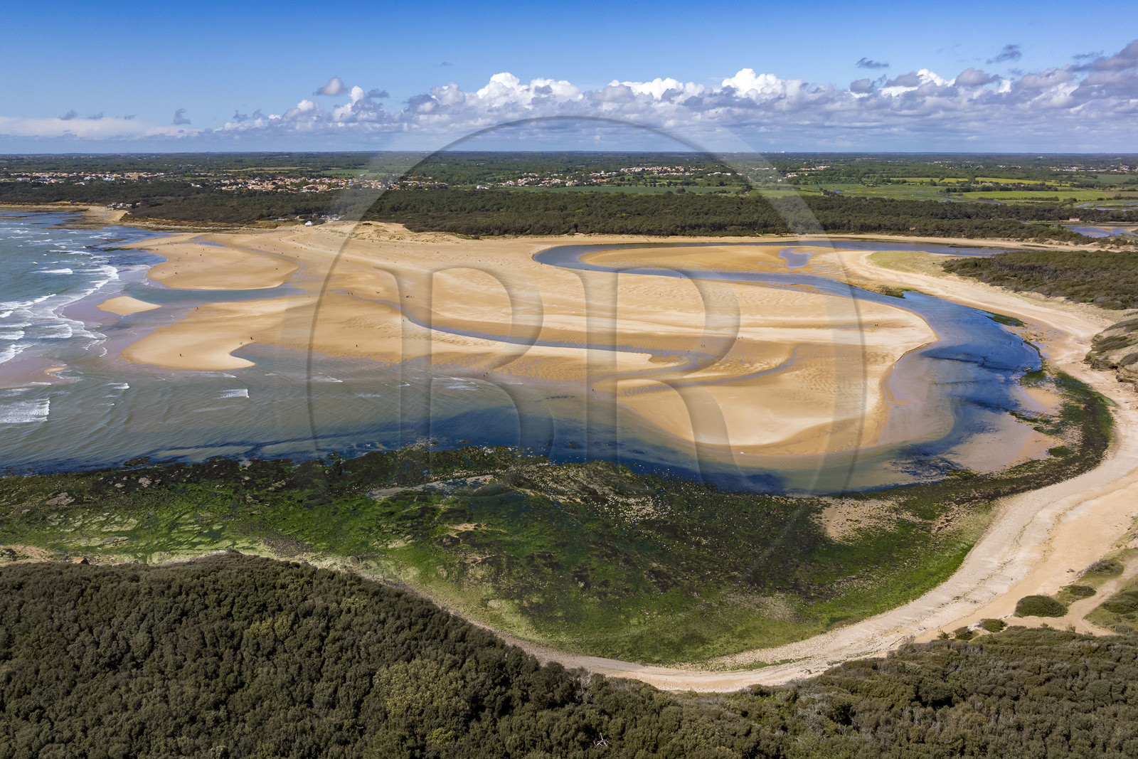 France, Vendée (85), Jard-sur-Mer, la Pointe du Payré, la plage du Veillon et estuaire de la rivière Payré (vue aérienne)