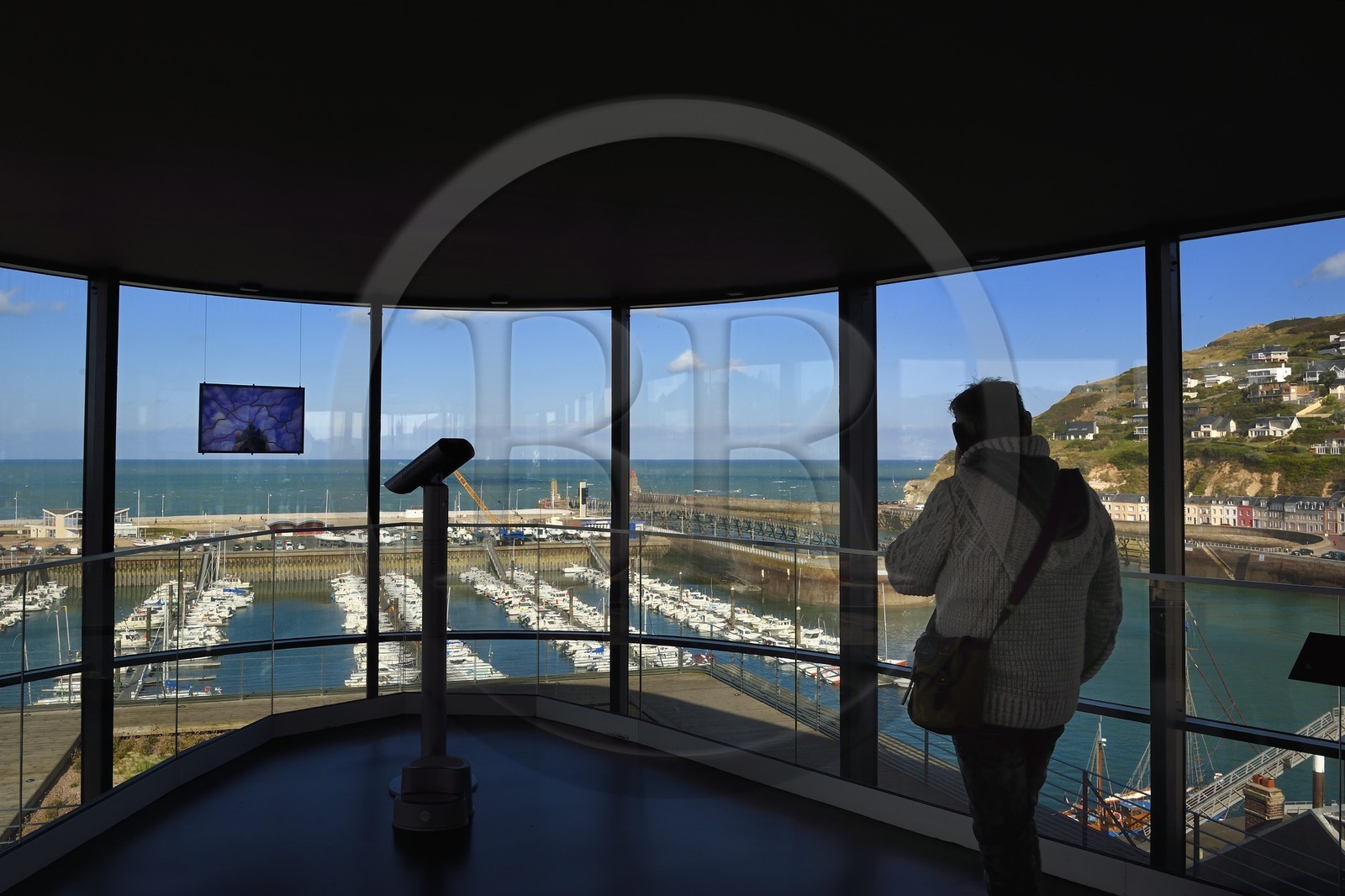 France, Seine Maritime, Pays de Caux, Cote d'Albatre, Fecamp, Les Pecheries (Fishery) - Museum of Fecamp is overlooking the port, the Cap Fagnet in the background