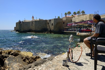 Israel, district Nord, Galilée, Acre (Akko), vieille ville, classée Patrimoine Mondial de l'UNESCO, le port pisan et l'église Saint Jean dominant la muraille maritime