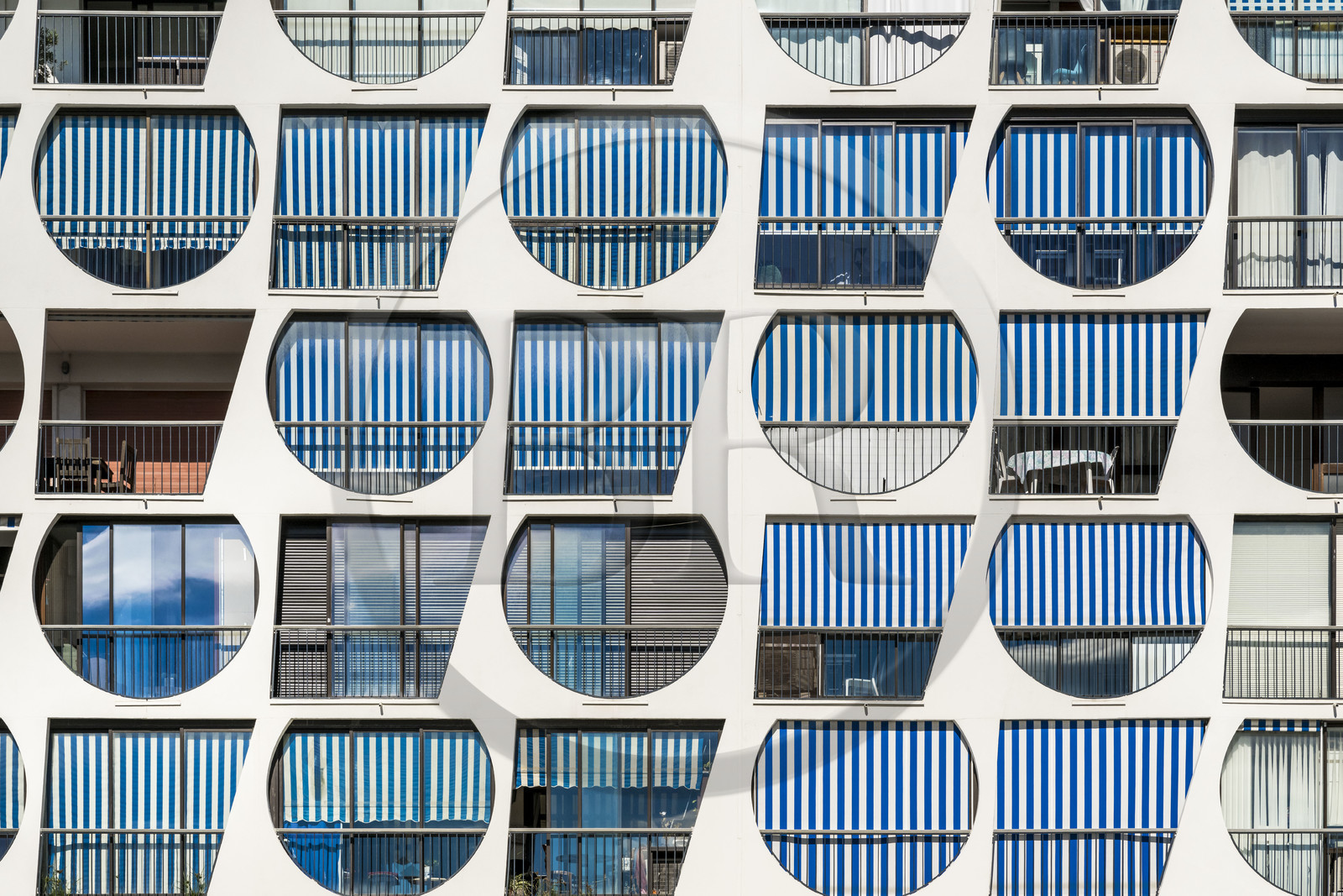 France, Herault, La Grande-Motte, labeled 20th century heritage, port district, facade of the Le Delta building by architects Jean Balladur and Jean-Bernard Tostivint