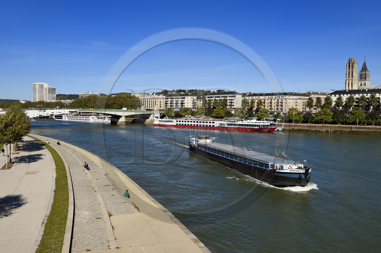 France, Seine-Maritime (76), Rouen, péniche sur la Seine et le Pont Boieldieu, la Cathédrale Notre-Dame en arrière plan