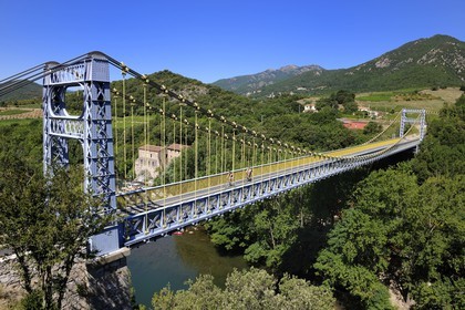 France, Herault, Orb valley, the suspension bridge over the river Orb at the moulin de Travassac next to Mons la Trivalle