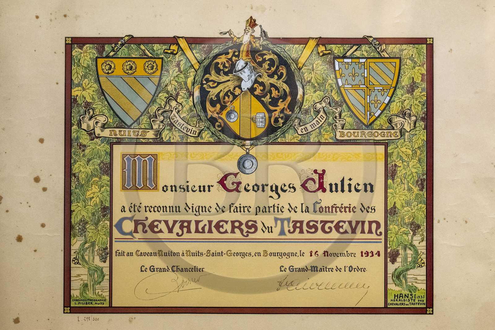 France, Cote d'Or, cultural Landscape of the climates of Burgundy listed as World Heritage by UNESCO, Route des Grands Crus (road of Vintage Wines), vineyard of the Côte de Nuits, Vougeot, the Chateau of Clos de Vougeot, certificate of membership in the Brotherhood of the Knights of Tastevin (Confrerie des Chevaliers du Tastevin)