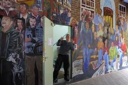United Kingdom, Northern Ireland, Belfast, Cathedral Quarter, the Personalities mural between Commercial Court and Donegall Street Place