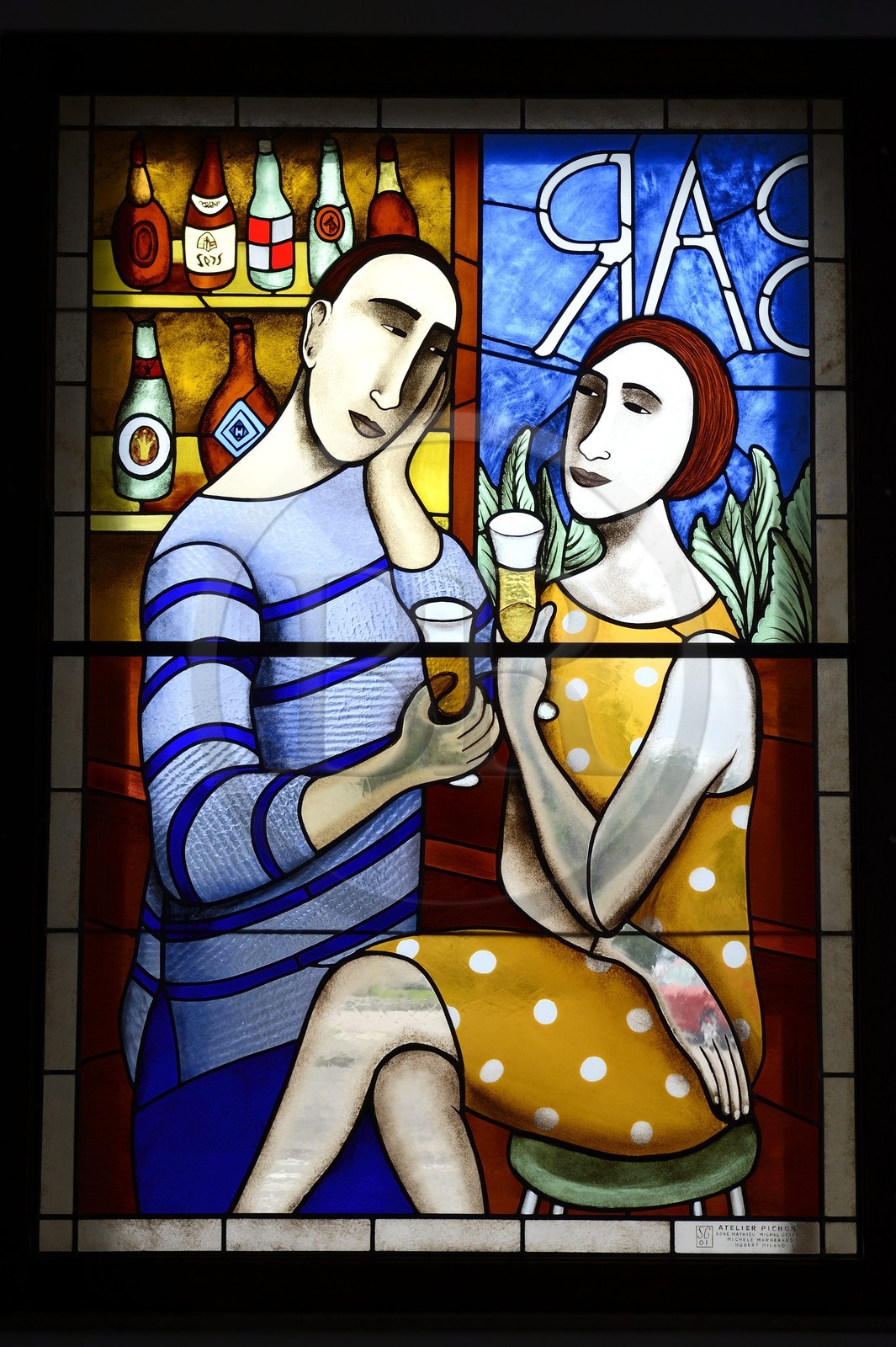 France, Meurthe-et-Moselle, Saint-Nicolas-de-Port, the French Brewery Museum, stained glass window on the theme of beer work of lorraine artist Sophie Ginzburg (2001)
