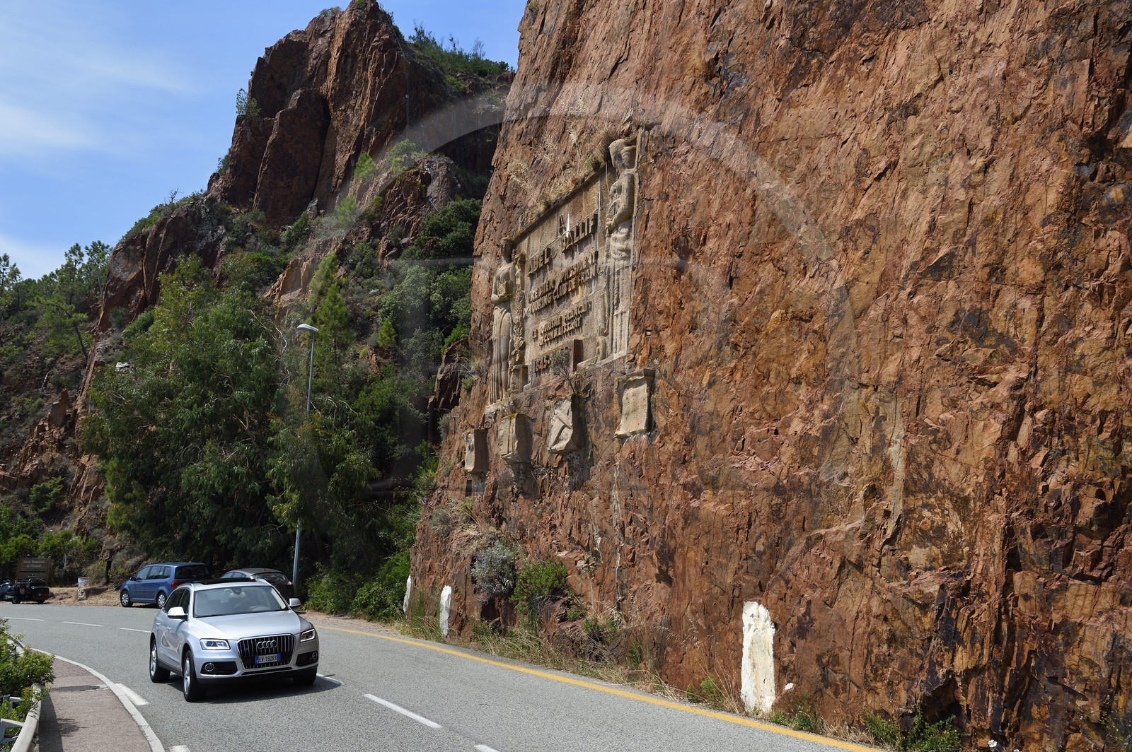 France, Var, Le Trayas area next to Saint-Raphael, Massif de l'Esterel (Esterel Massif), low relief in tribute to the Touring Club France who built the Corniche d'Or road