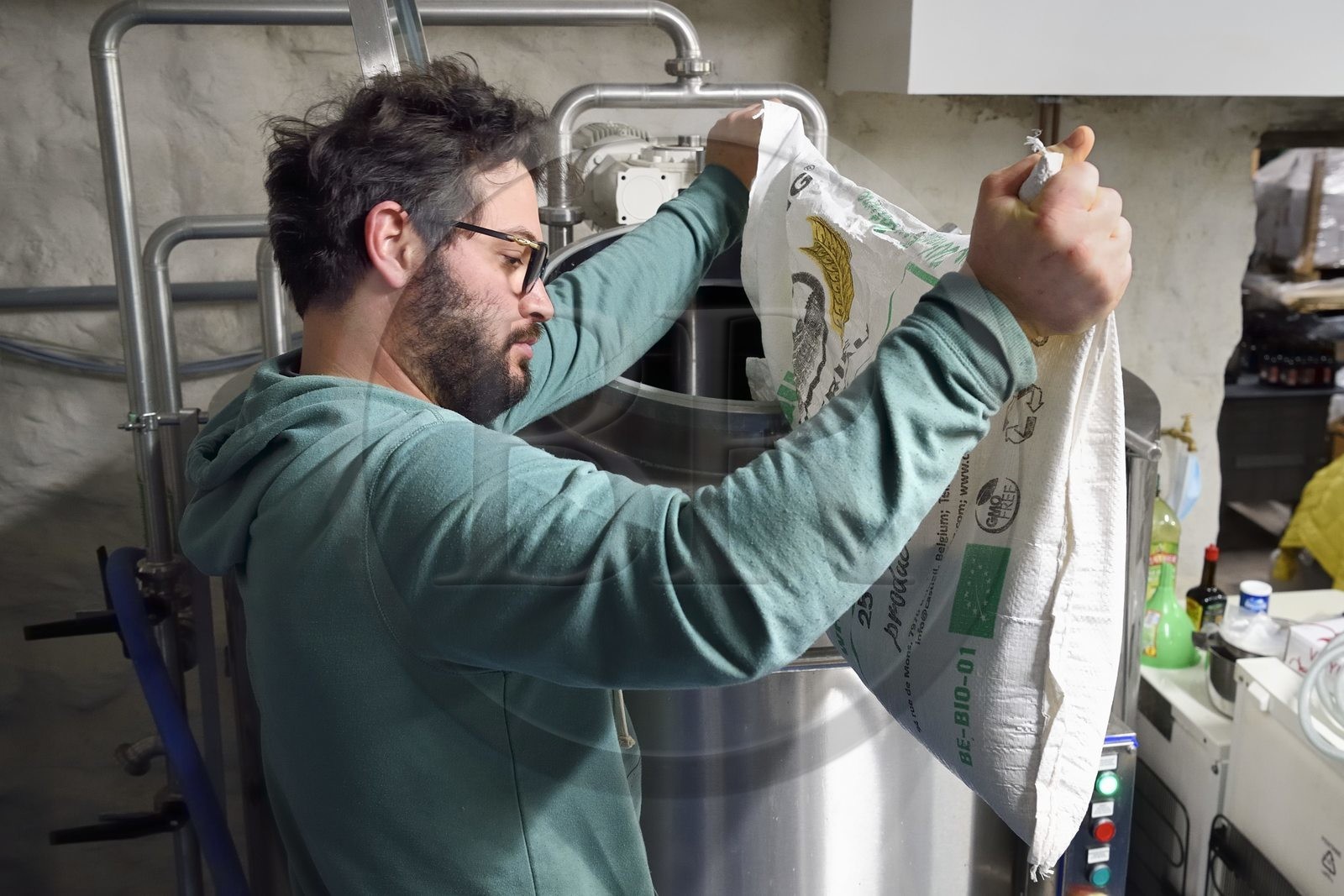 France, Haut Rhin, Strasbourg, Kaysersberg, Bisaigue brewery, the craft brewer Thibaut Ancel offers unfiltered and unpasteurized beers