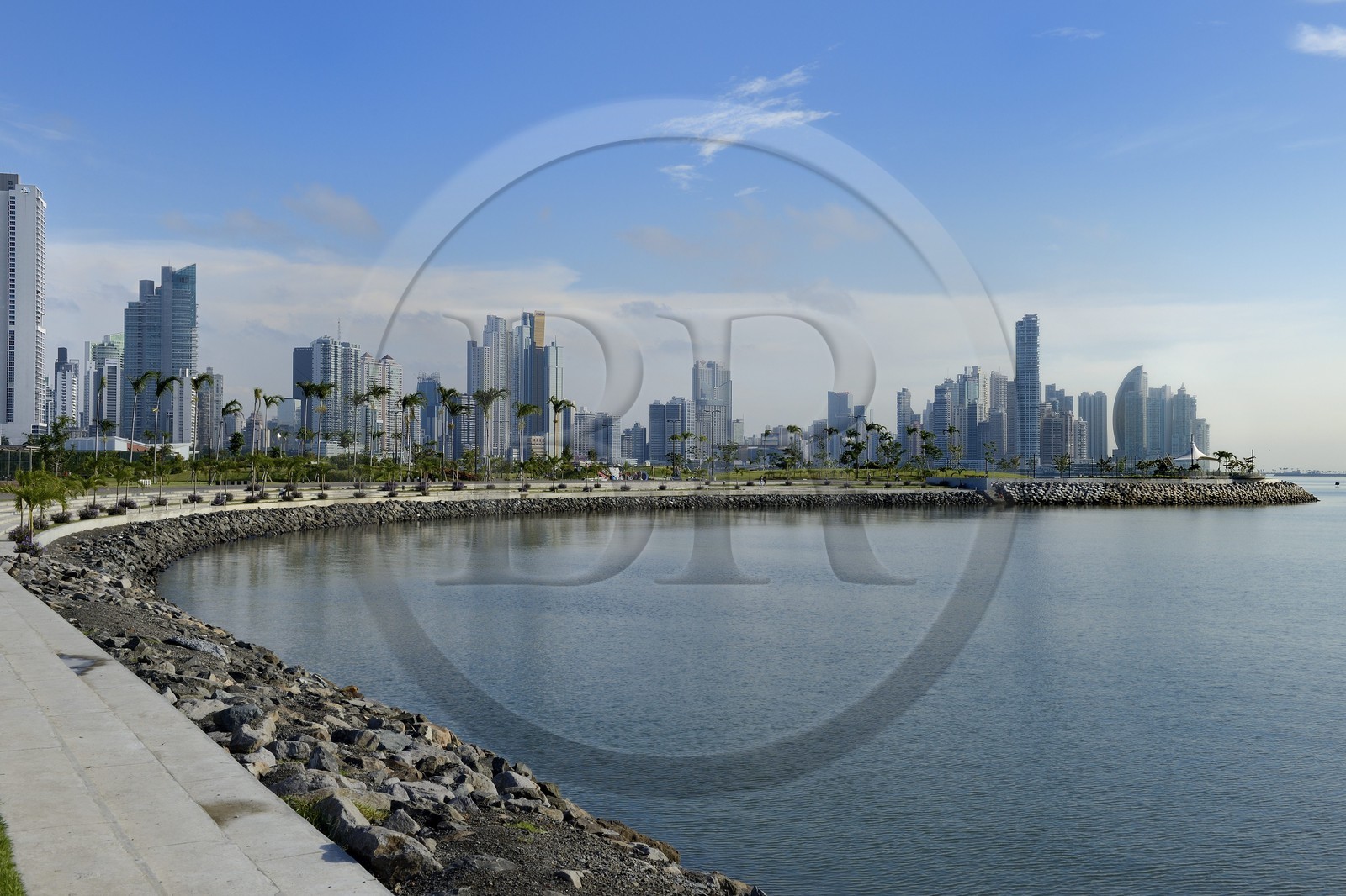 Panama, Panama City, the waterfront and skyscrapers seen from Avenida Balboa Cinta Costera, Colon point and the Trump tower in background right