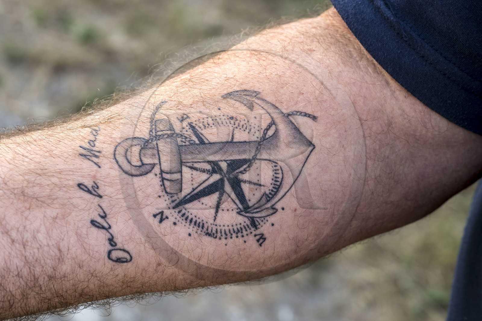 France, Finistère (29), Mer d'Iroise, Ile de Molène, tatouages de Guy Rocher, président de la station SNSM de Molène, ancre marine