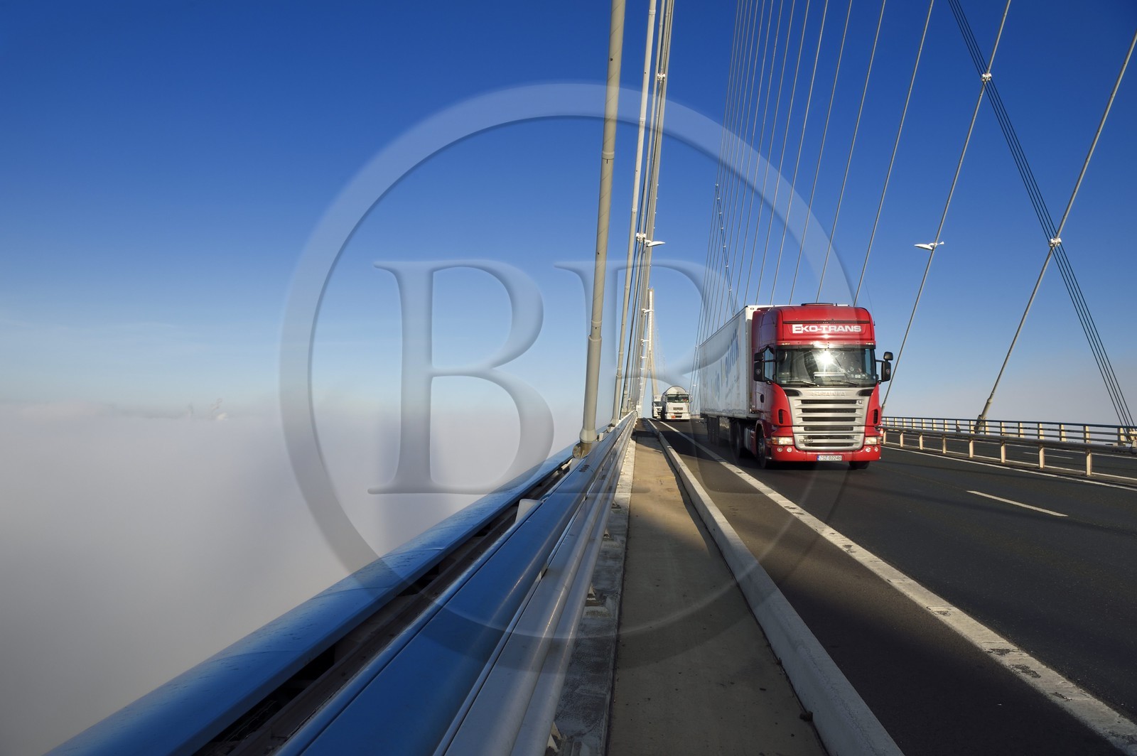France, between  Calvados and Seine Maritime, the Pont de Normandie (Normandy Bridge) spans the Seine in the Fog
