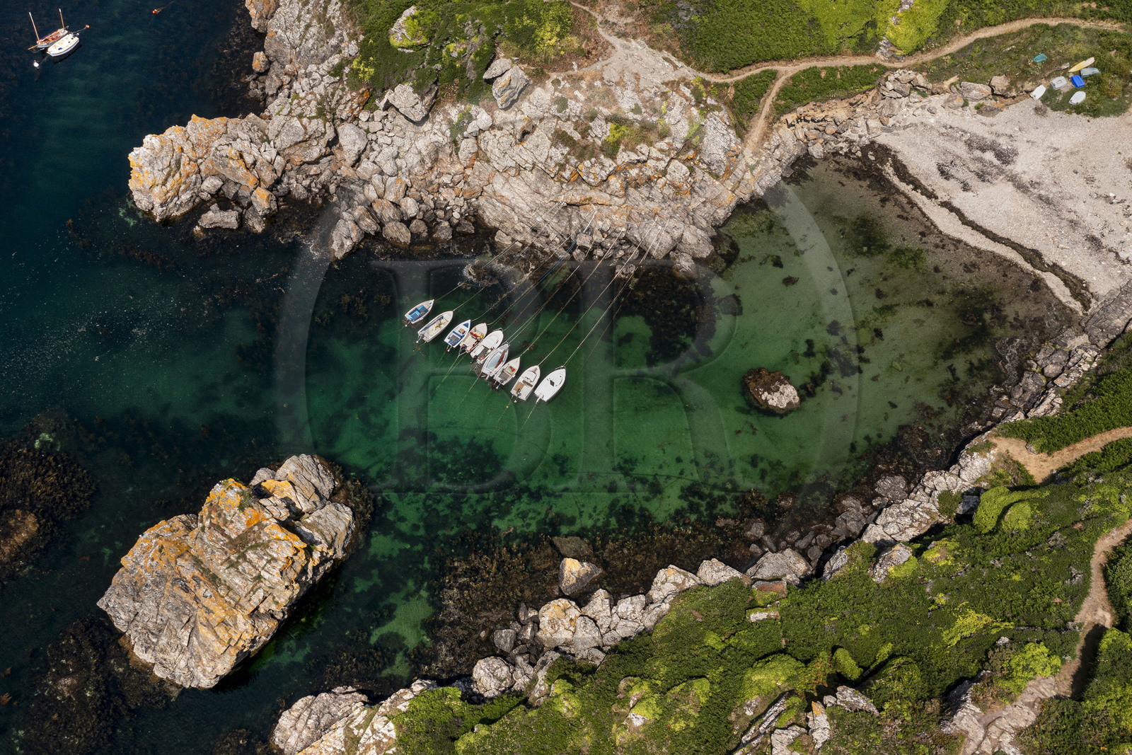 France, Morbihan, Groix Island, Port Saint-Nicolas on the south coast (aerial view)