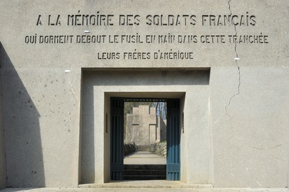 France, Meuse, Verdun area, Douaumont, Tranchee des Baionnettes (Trench of Bayonets), entrance of the monument in memory of a detachment buried in their trench during a bombardment and where only a few inches of soil bayonets remained emergent