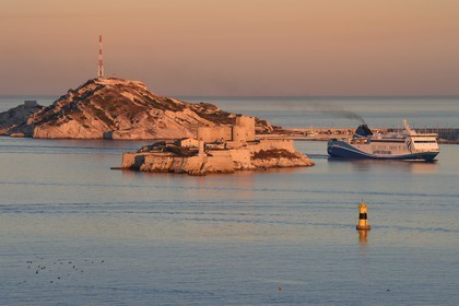 France, Bouches-du-Rhône (13), Marseille, Parc National des Calanques, Archipel des Iles du Frioul, ferry de La Meridionale en provenance de la Corse et le chateau d'If en premier plan