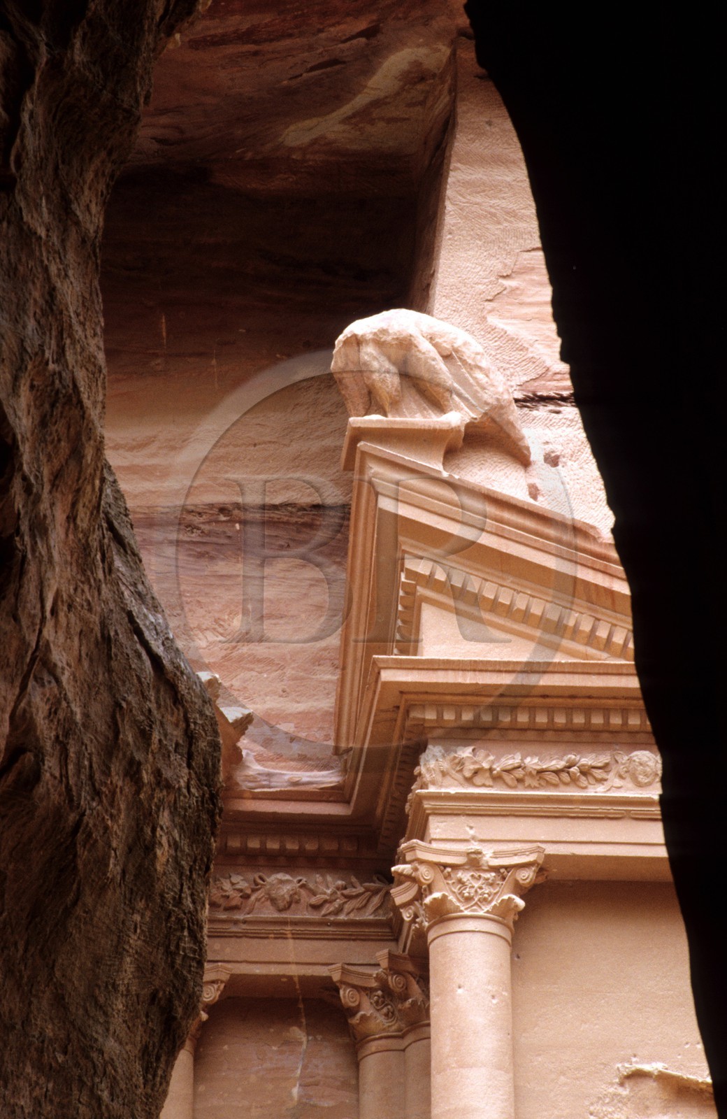Jordan, Petra, detail of the Khazneh ( the Treasure) at the exit of the Siq