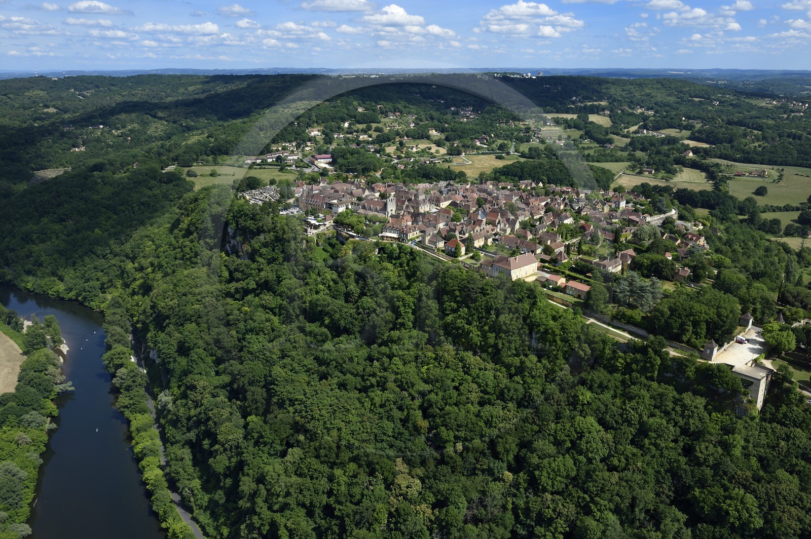 France, Dordogne, Perigord Noir, Dordogne Valley, Domme, labelled Les Plus Beaux Villages de France (The Most Beautiful Villages of France) (aerial view)