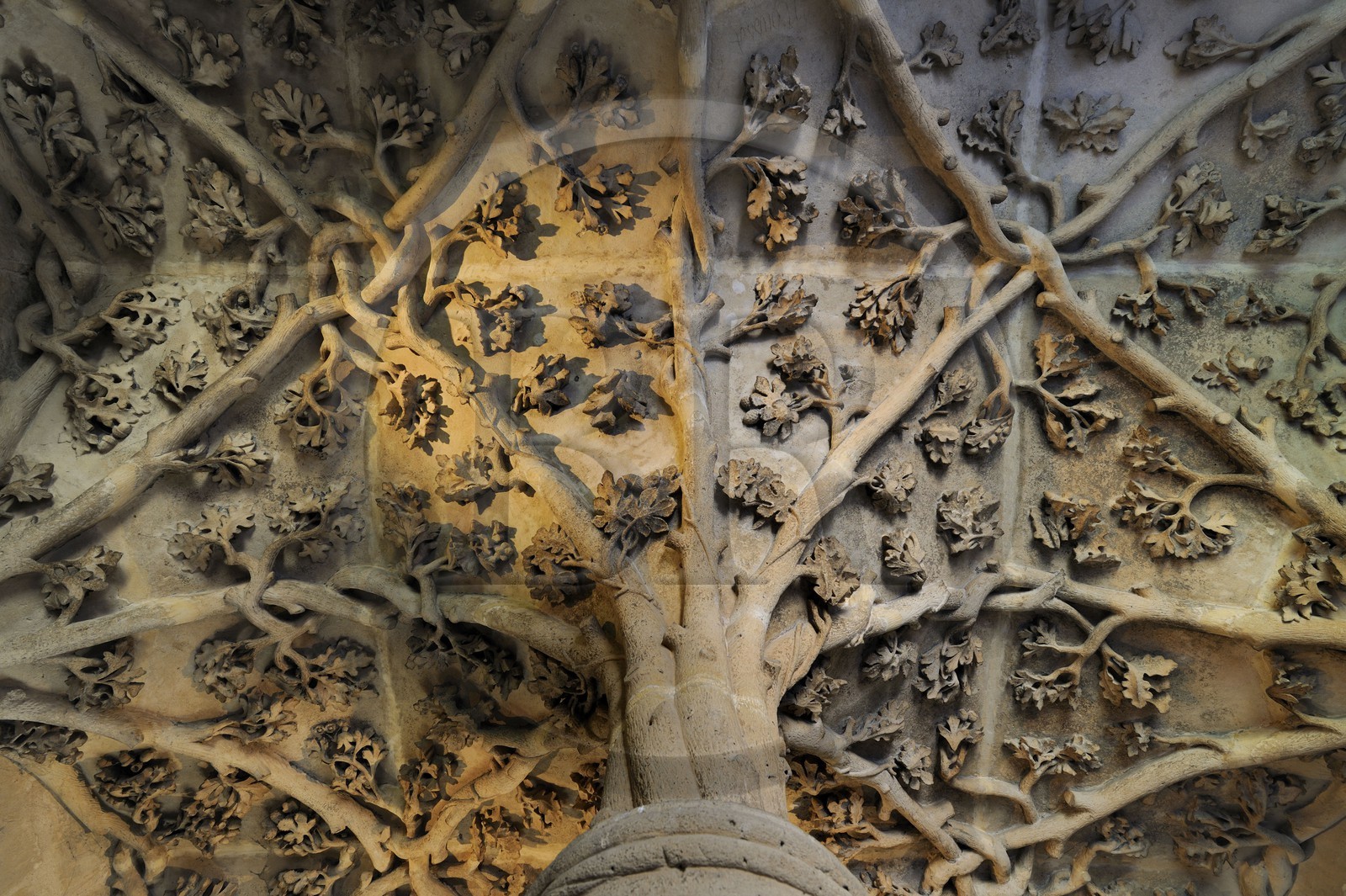 France, Paris (75), La tour (de) Jean-sans-Peur édifiée au XVe siècle, dernier vestige de l'hôtel des ducs de Bourgogne rue Étienne-Marcel, construite sur l'enceinte Philippe-Auguste, le décor végétal de la voûte de l'escalier à vis