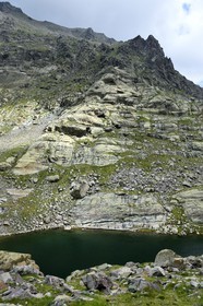 France, Alpes-Maritimes (06), parc national du Mercantour, Vallée des Merveilles parsemée de milliers de gravures rupestres de l'Age de bronze, randonneurs sur le sentier de randonnée GR 52 au bord du lac des Merveilles au pied du Mont Bégo