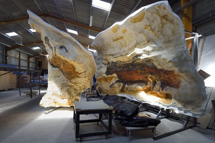 France, Dordogne, Montignac, the Atelier des Fac-Similés du Périgord (Perigord's Facsimile Workshop AFSP) specialised in mineral reproduction of prehistoric painted walls using “stone veil” patented technique and in charge of the Lascaux cave’s walls faithfull reconstitution, walls in reserve awaiting transfer and installation at the museum, compulsory mention Atelier des Fac-Similés du Perigord