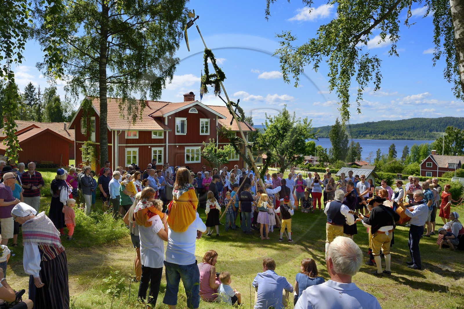 Suède, comté de Dalécarlie, région de Leksand, célébrations du solstice d'été dans le petit hameau de Sunnanäng sur la rive du lac Siljan, levée du mât de l'arbre de mai