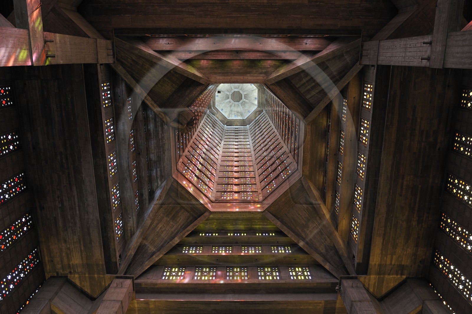 France, Seine Maritime, Le Havre, Downtown rebuilt by Auguste Perret listed as World Heritage by UNESCO, Saint Joseph church, the bell tower seen from the nave