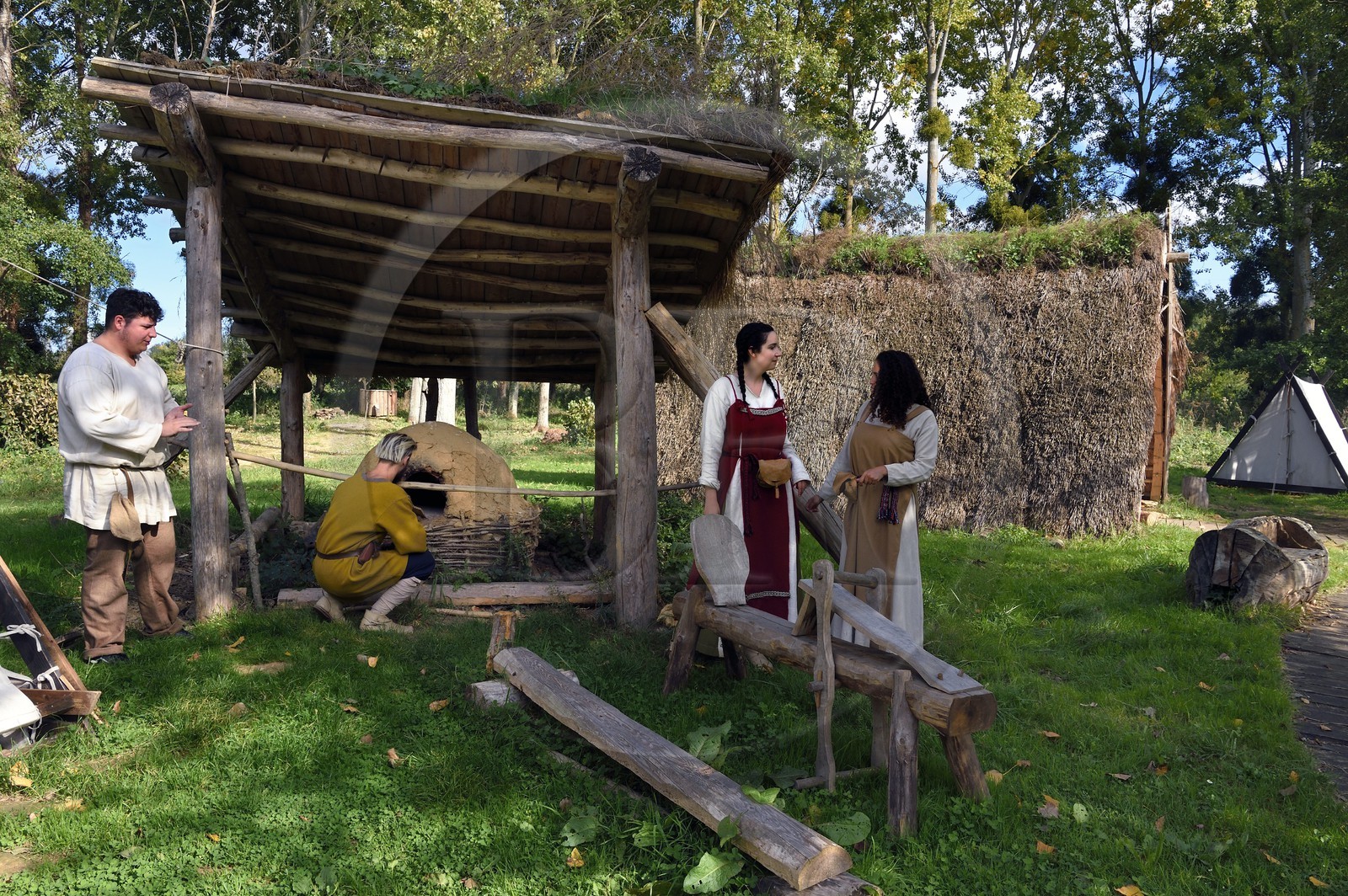 France, Calvados, Herouville Saint Clair, Domaine de Beauregard, Ornavik Historical Park, reconstitution of a Viking encampment of the year 1000, space composed of tents that the Vikings took with them on an expedition