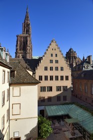 France, Bas-Rhin (67), Strasbourg, vieille ville classée au Patrimoine Mondial de l'UNESCO, la cathédrale Notre-Dame derrière les batiments de la Fondation de l'Oeuvre Notre-Dame avec un pignons crénelés à pas  de  moineaux