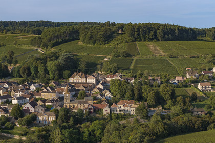France, Cote d'Or, Climats terroirs of Burgundy listed as World Heritage by UNESCO, Route des Grands Crus, Cote de Beaune vineyard, Pernand-Vergelesses, the village and the Notre-Dame de Bonne Espérance oratory in the background (aerial view)
