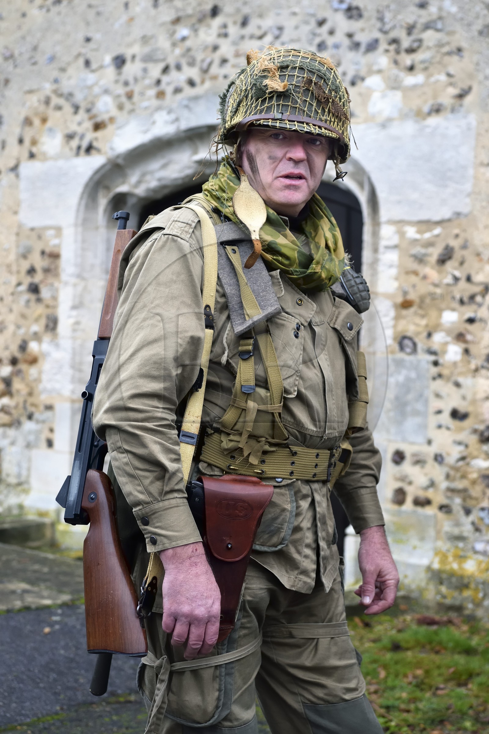 France, Eure, Chambray, Allied Reconstitution Group (US World War 2 and french Maquis historical reconstruction Association), reenactor Michel Menager in uniform of the 101st US Airborne Division