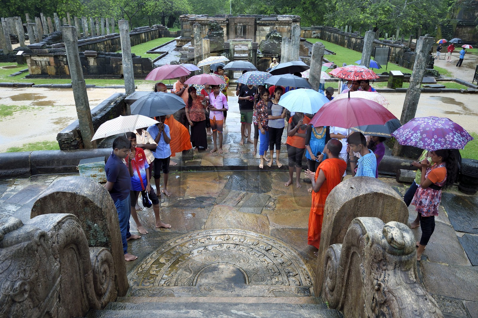 Sri Lanka,  North Central province, Polonnaruwa, the former capital of the country (11th to 13th century) listed as World Heritage by UNESCO,  terrace of the tooth's relic, Vatadage (relics room), semicircle moonstone (sandakada Pahana)