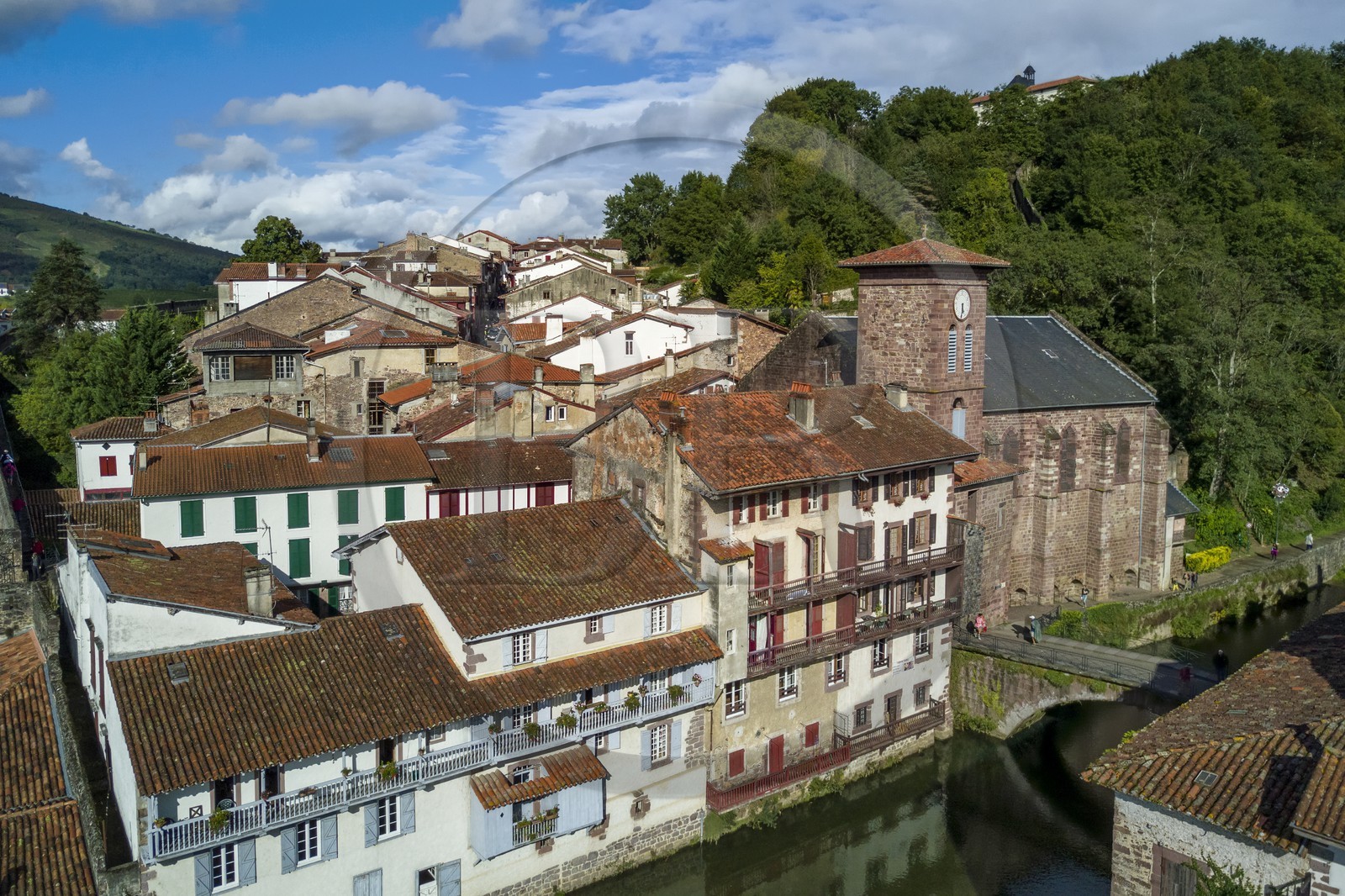 France, Pyrenees Atlantiques, Basque Country, Saint Jean Pied de Port, the Pont Vieux over the Nive of Beherobie river and Notre Dame du Bout du Pont church (aerial view)
