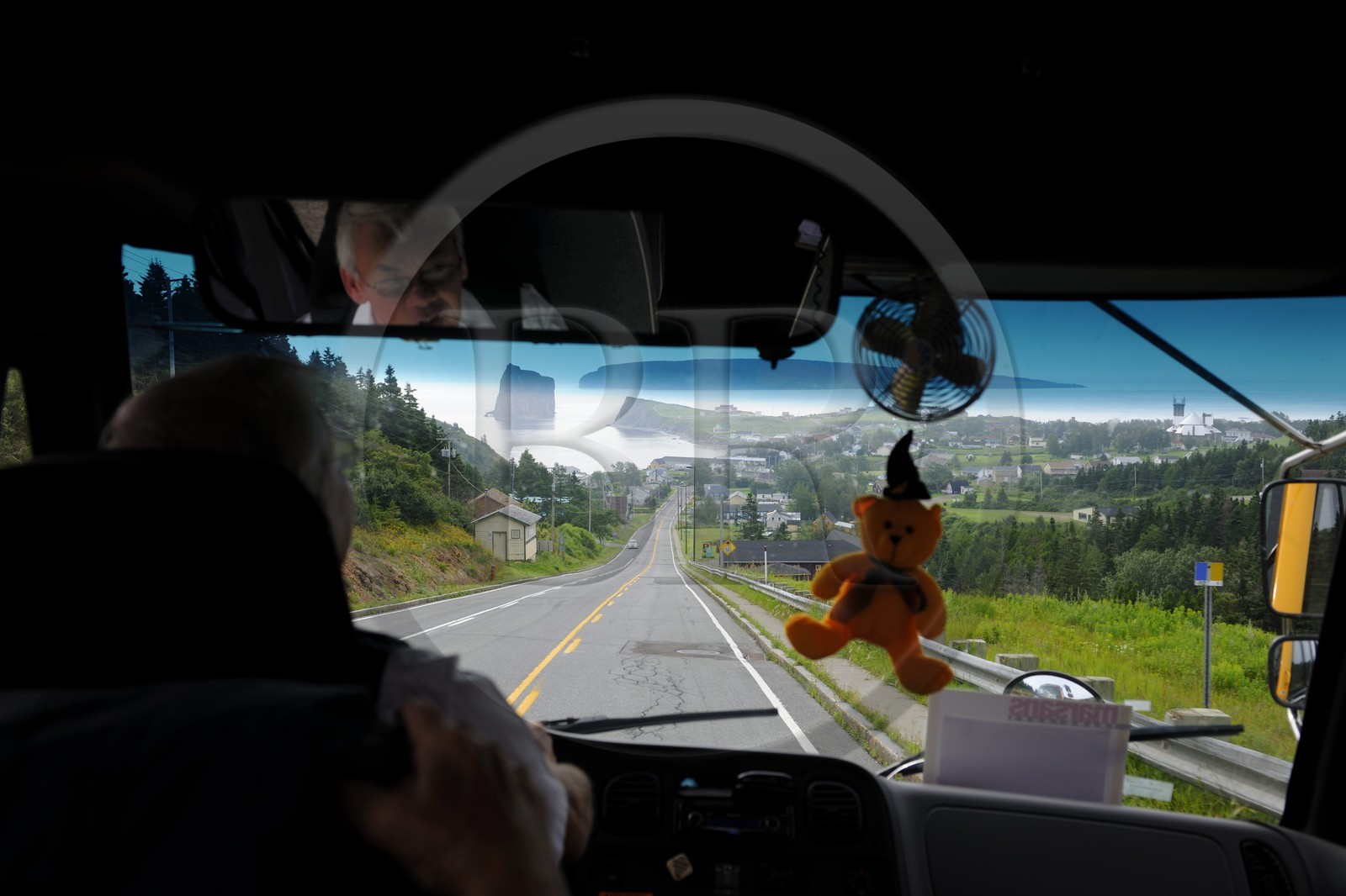 Canada, Quebec Province, Gaspesie, Rocher Perce (Perce Rock) seen from the school bus