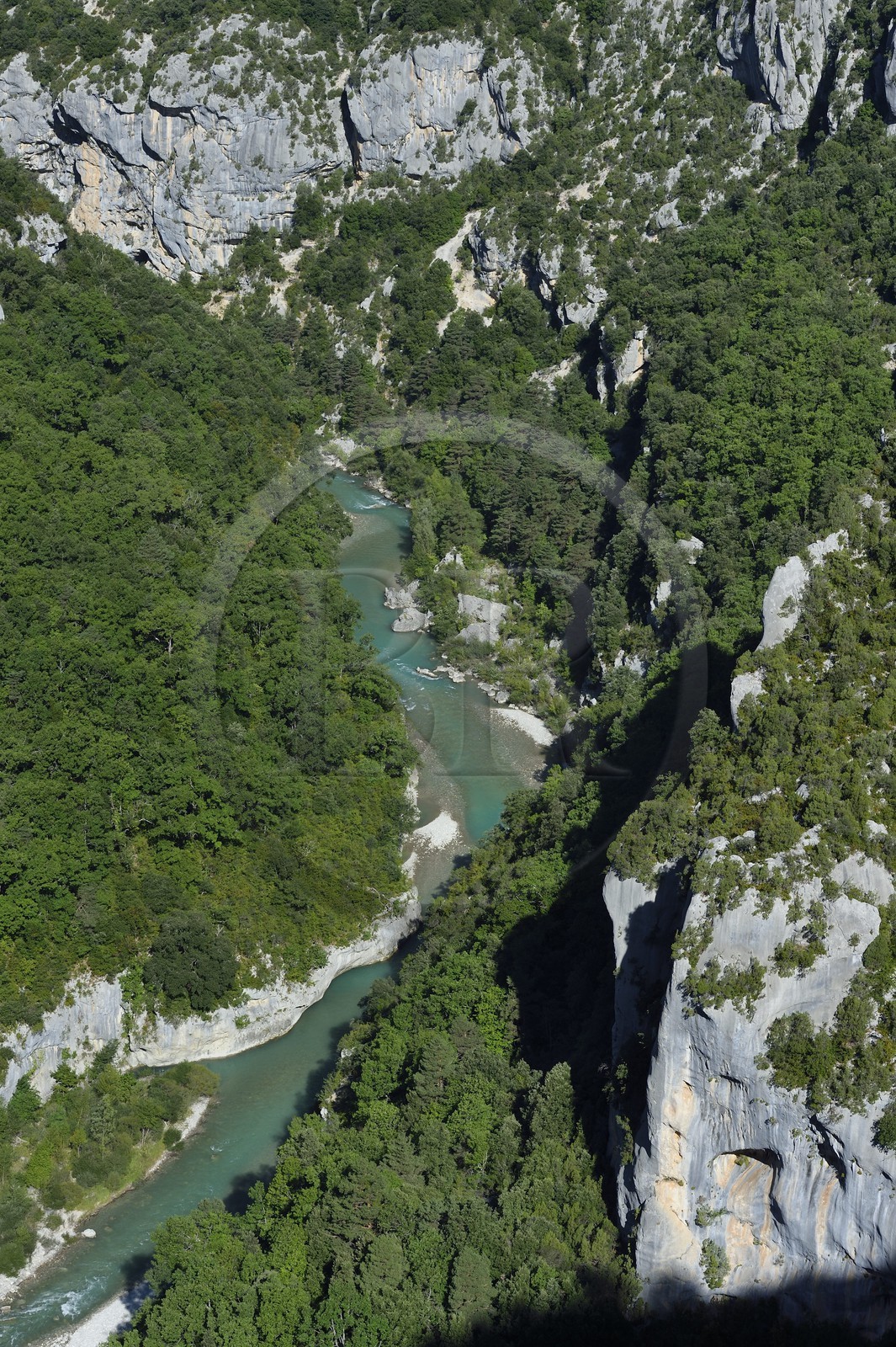 France, Alpes de Haute Provence, Parc Naturel Regional du Verdon, the Verdon Gorge, view on the Verdon river and the Breche Imbert from the panoramic viewpoint of the Mescla balcony