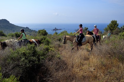 France, Var (83), Agay commune de Saint-Raphaël, cavaliers en randonnée dans le massif de l'Estérel et l'Ile d'Or au large du cap du Dramont en arrière plan