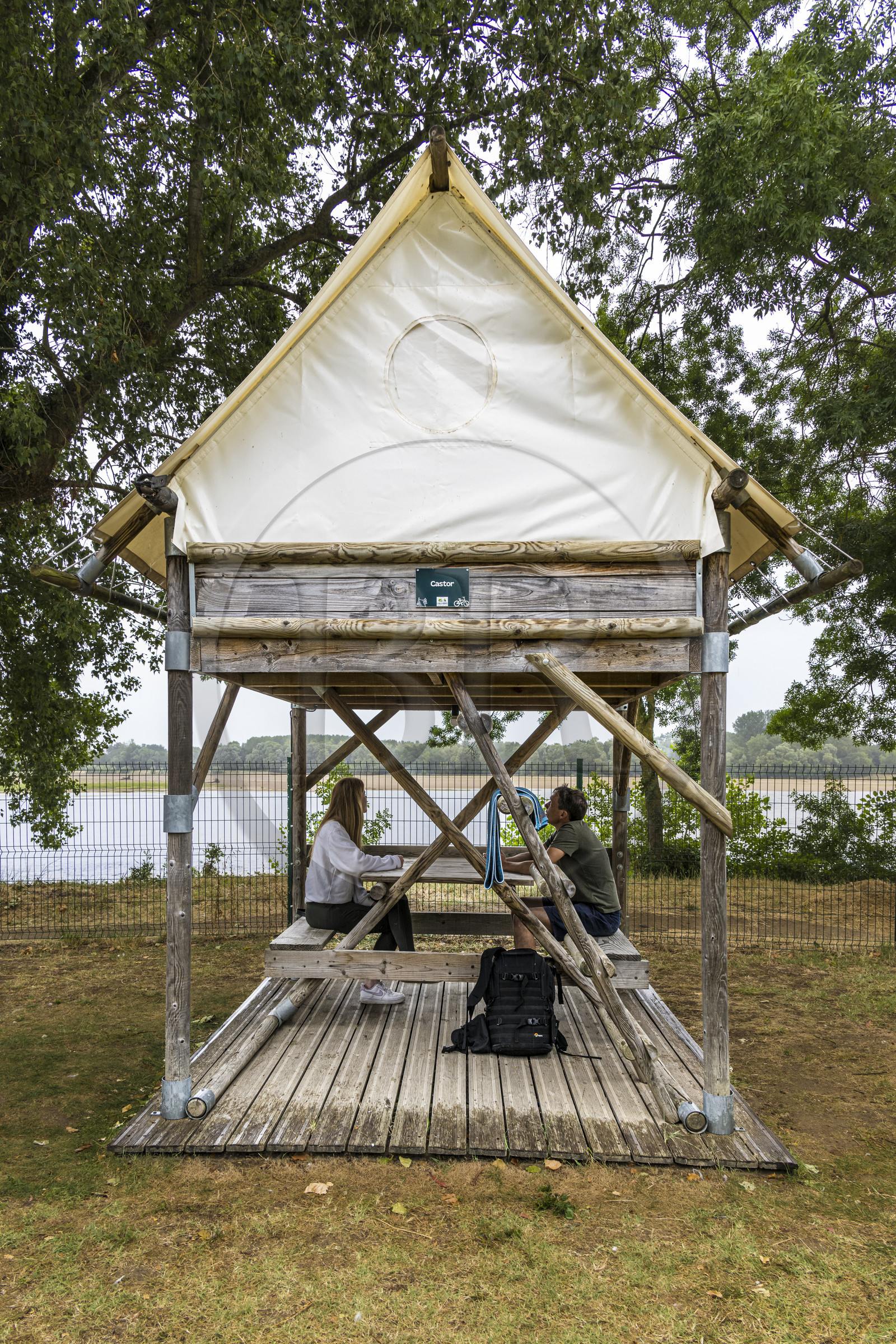 France, Maine-et-Loire, Loire valley listed as World Heritage by UNESCO, Montsoreau, Camping Isle verte, raised tent, accommodation for cyclists