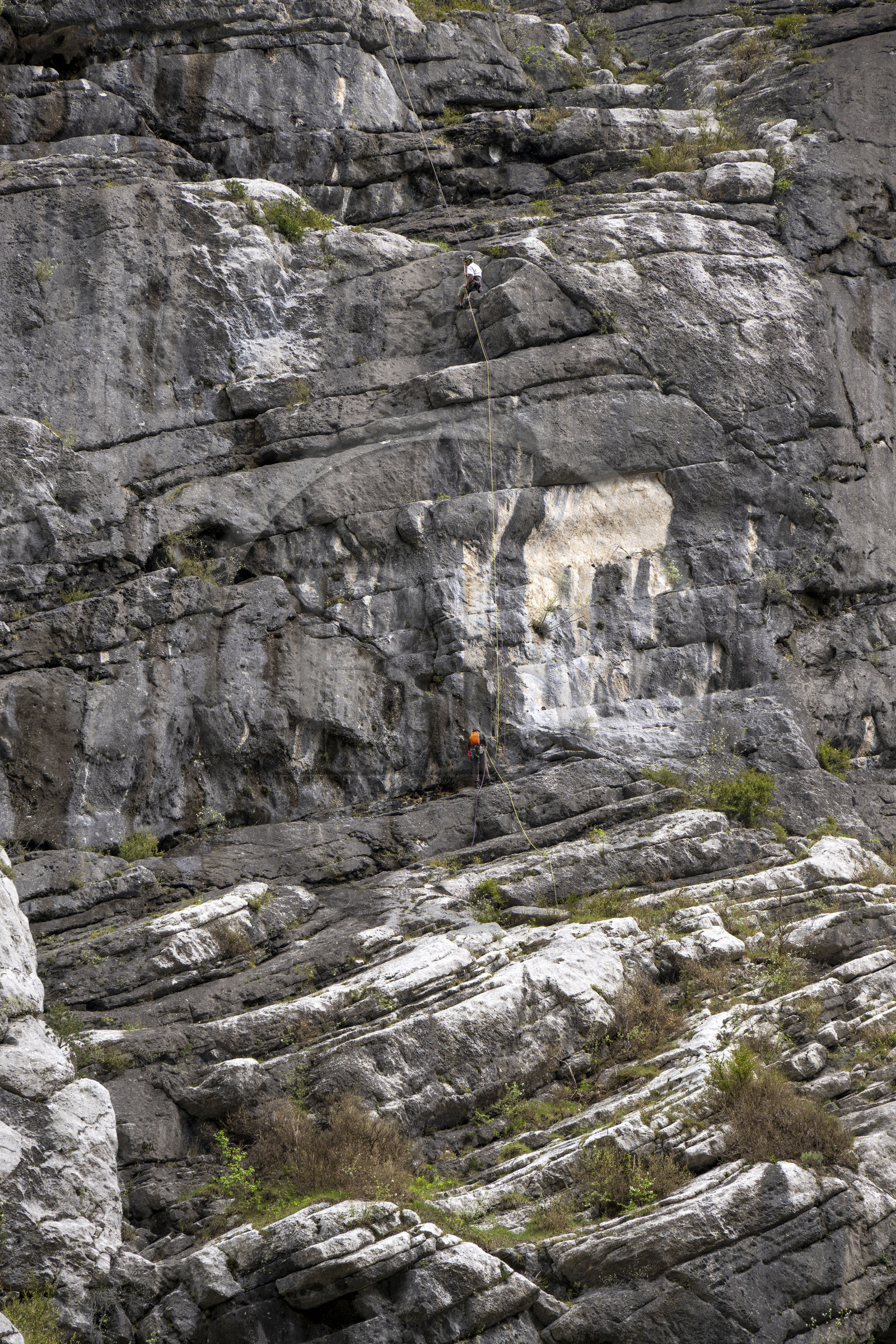 France, Alpes-de-Haute-Provence (04), Parc Naturel Régional du Verdon, Rougon, Grand Canyon du Verdon, la rivière du Verdon, grimpeurs sur une paroi des falaises du couloir Samson, vu depuis le sentier Blanc-Martel sur le GR4