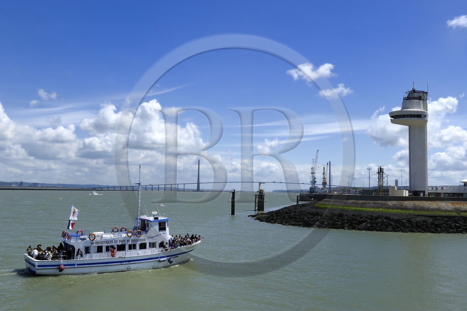 France, Calvados (14), le Pont de Normandie enjambe la Seine pour relier les villes de Honfleur et du Havre, entrée du port de Honfleur
