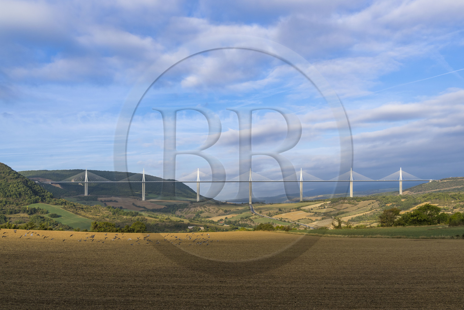 France, Aveyron (12), parc naturel régional des Grands Causses, Millau, le viaduc de Millau des architectes Michel Virlogeux et Norman Foster, entre le Causse du Larzac et le Causse de Sauveterre au dessus du Tarn
