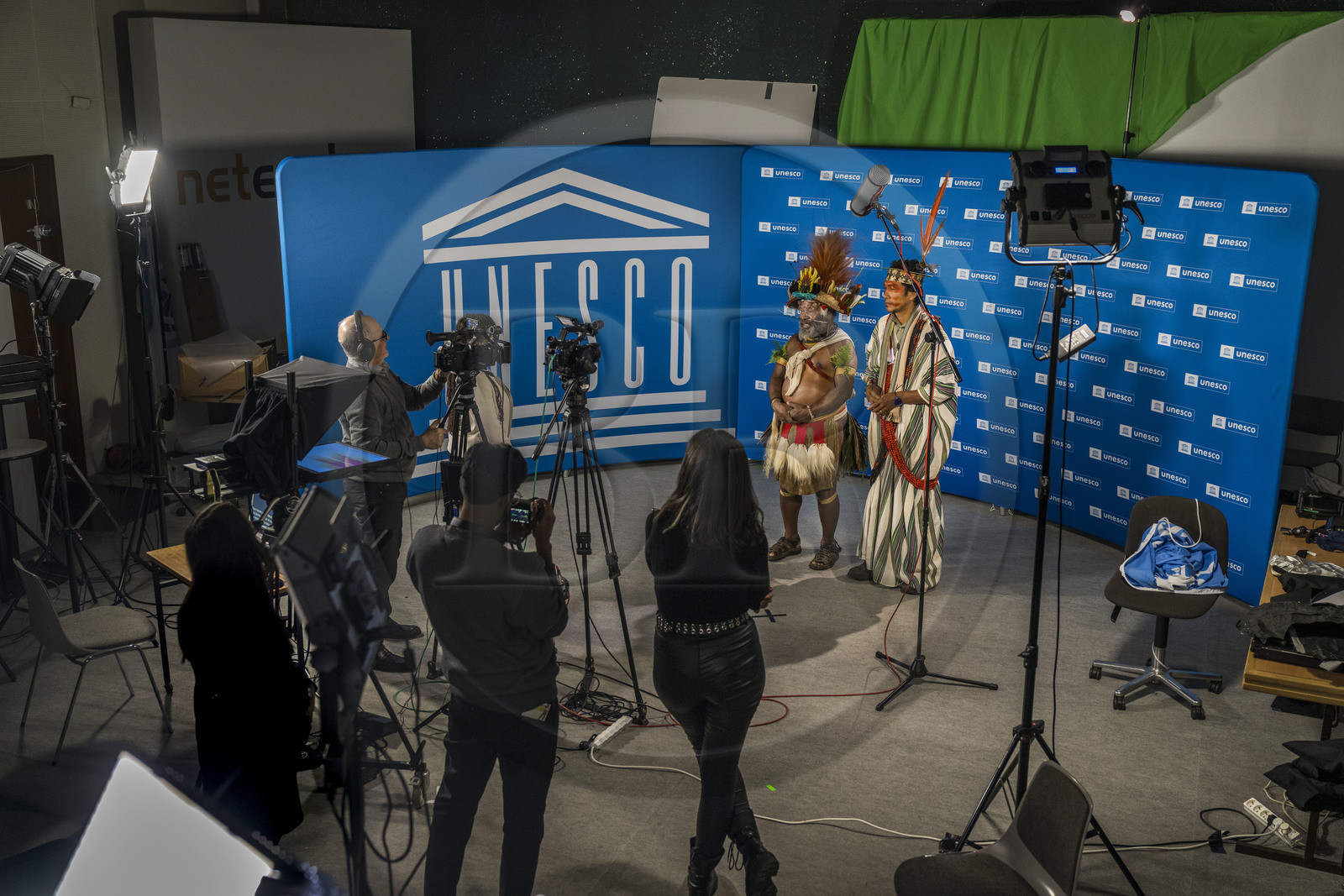 France, Paris, UNESCO Headquarters, interview of Papuan Chief Mundiya Kepanga and Amazonian leader of the Ashaninka people in Brazil  Benki Piyako