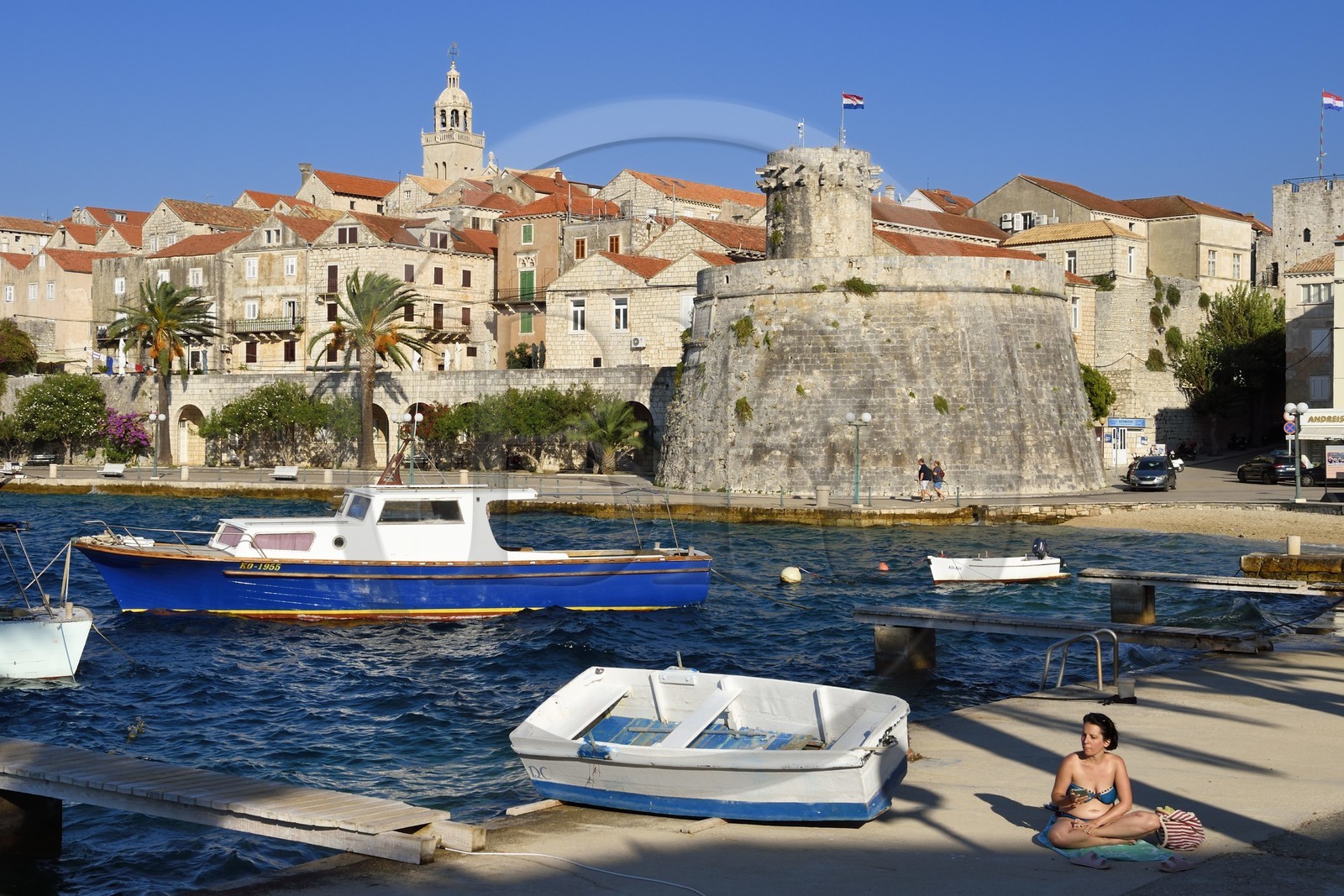 Croatia, Dalmatia, Dalmatian coast, Korcula Island, Korcula Town, defense tower on the port