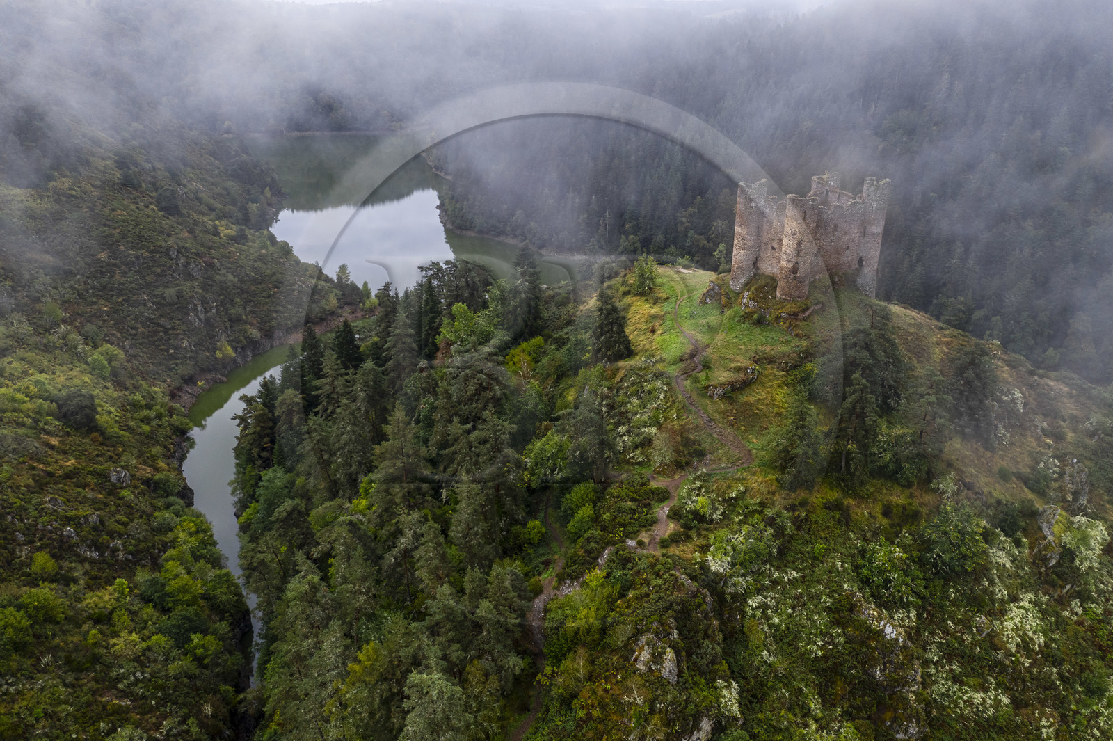 France, Cantal (15), Gorges de la Truyère, Alleuze, ruines féodales perchées du château fort d'Alleuze du XIIIe siècle reconstruit en 1405 (vue aérienne)