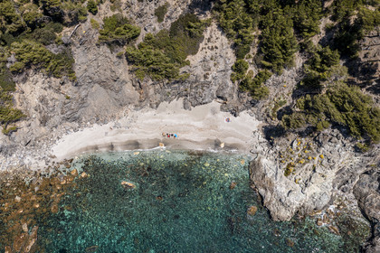France, Var, Six Fours les Plages, hike in the Cap Sicie massif, Mont Salva beach towards Le Brusc (aerial view)