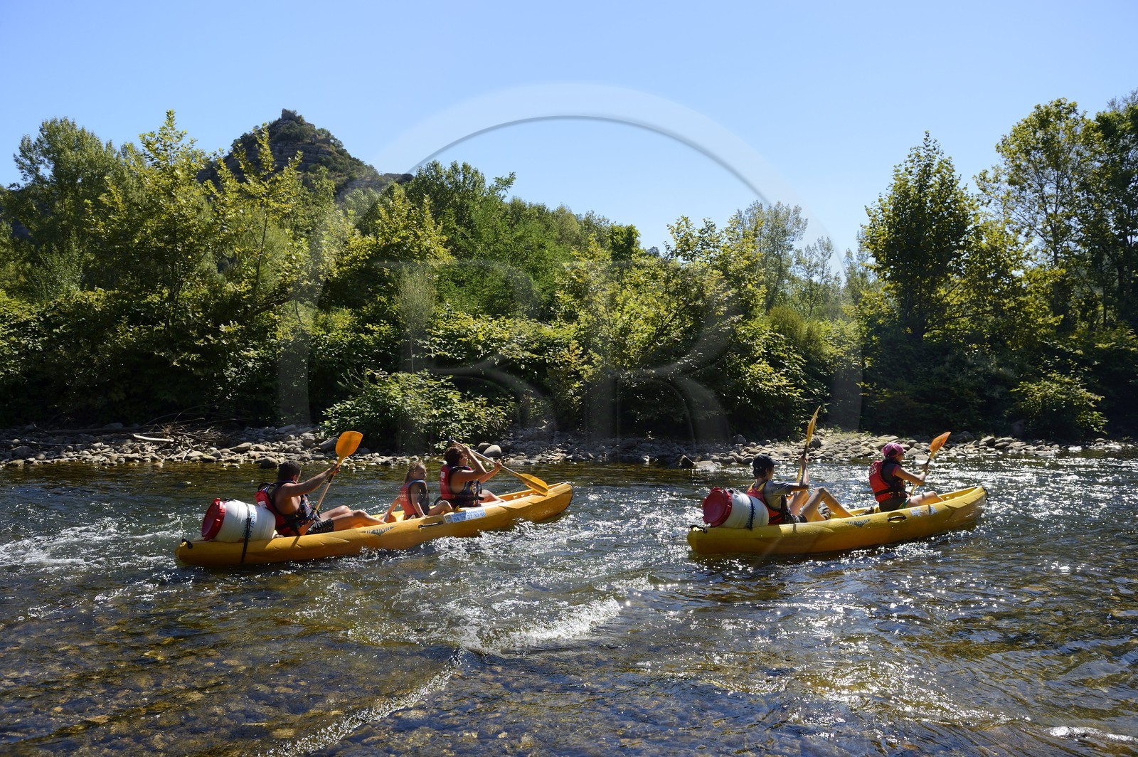 France, Ardeche, Les Vans, kayaks going down the Chassezac River