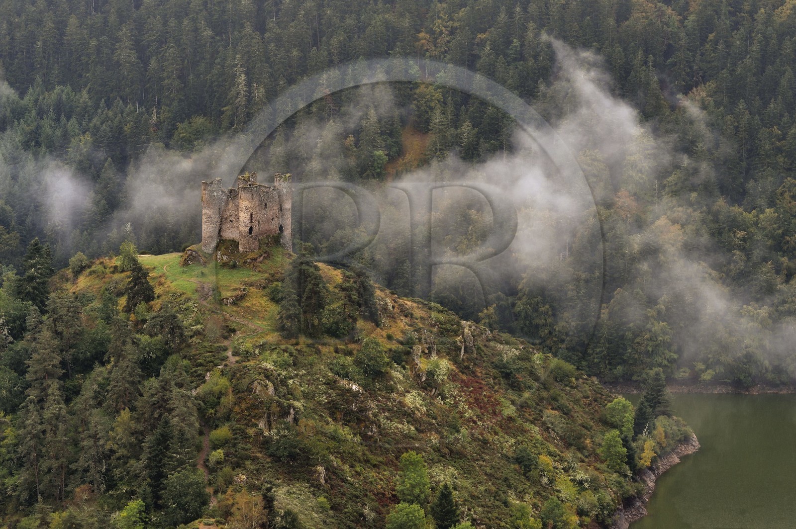 France, Cantal (15), Gorges de la Truyère, Alleuze, ruines féodales perchées du château fort d'Alleuze du XIIIe siècle reconstruit en 1405