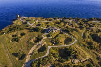 France, Calvados, Cricqueville en Bessin, Pointe du Hoc, ruins of German fortifications and bomb holes made by the Normandy landings of June 6 1944 during the Second World War (aerial view)