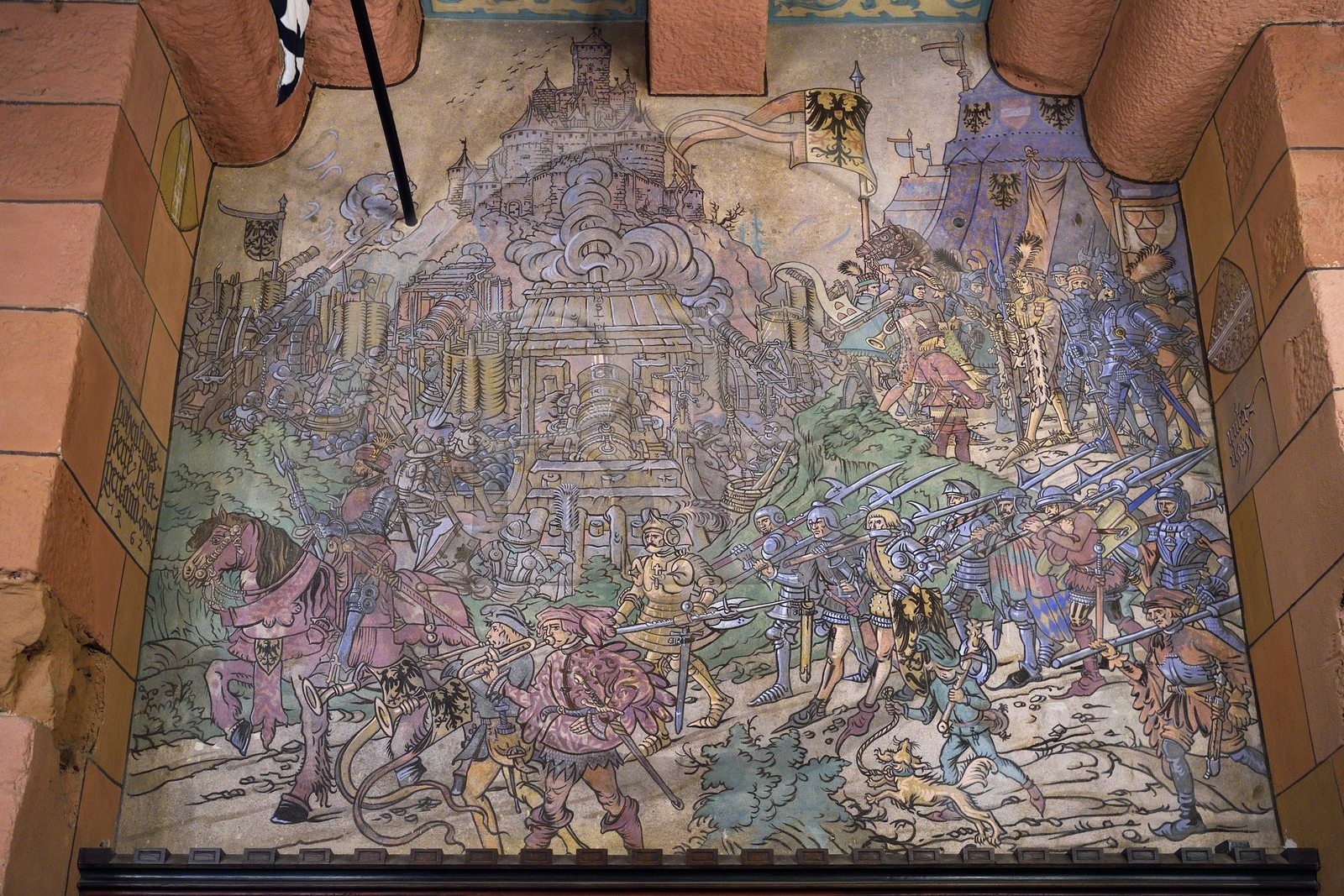 France, Bas-Rhin (67), Orschwiller, le chateau du Haut-Koenigsbourg, la salle du Kaiser est la salle d'honneur pour les receptions et banquets, fresque de Léo Schnug illustrant le premier siège du chateau en 1462 qui délogea les brigants